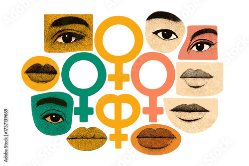 Feminism art collage. International Women's Day 8 March. Female empowerment, gender equality, sisterhood, diversity, allyship. Multi-ethnic women. Halftone vector concept.