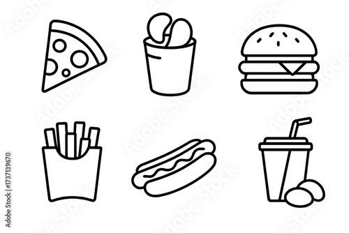 Fast food icon set in thin line style. Junk food collection for web and mobile. Burger, pizza slice, hot dog, french fries, soda drink and potato chips vector icons.