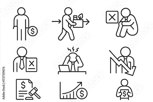 Jobless and unemployment web icons in thin line style. Financial crisis concepts: retirement, firing, laid off, rejection, stress, bankruptcy, inflation, collection. Vector.