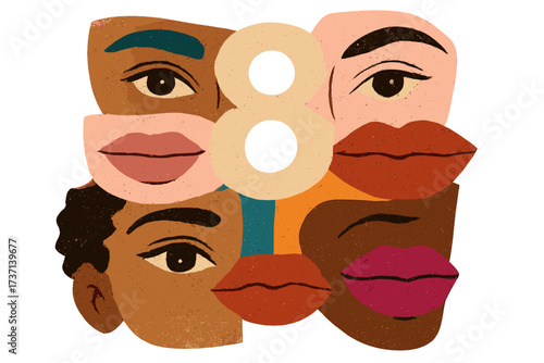 8 March, International Women's Day collage. Diverse women's faces of different ethnicities. Concept of allyship, sisterhood, feminism, gender equality, and female empowerment.