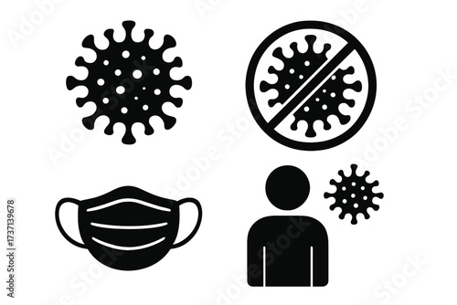 Coronavirus icon set. Covid-19 pandemic symbols. Stop virus, medical face mask, human infection. Health care prevention pictogram collection. Outbreak 2019-nCoV flat vector.