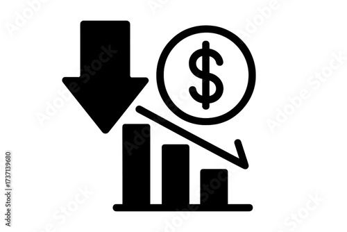 Cost reduction icon. Price drop concept. Financial crisis and lower expenses. Budget cut symbol. Decrease, recession, and depreciation infographic. Savings and income loss.