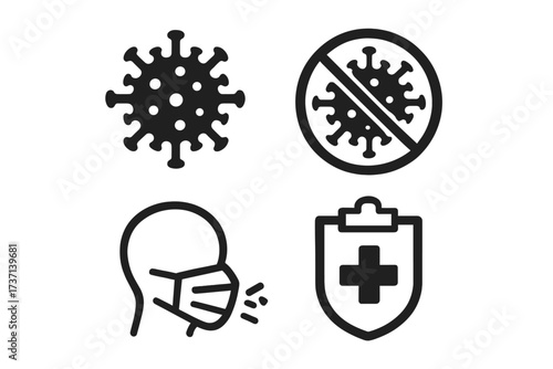 Coronavirus icon set. Covid-19 virus pandemic symbols. Stop coronavirus concept. Person coughing with face mask. Medical healthcare protection shield. 2019-nCoV vector icons.