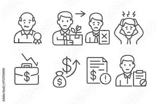Unemployment and jobless line icon set. Financial crisis concepts: job loss, firing, laid off, work rejection, retirement. Vector symbols for stress, bankruptcy, inflation.