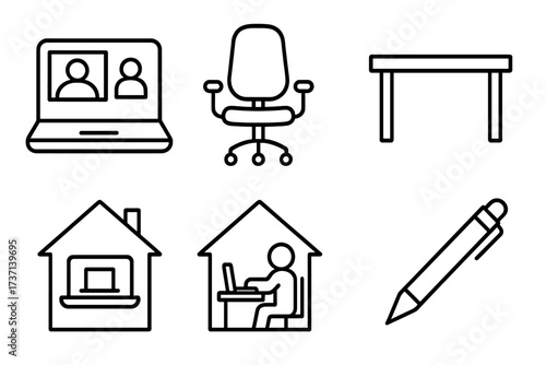 Remote work line icon set. Home office, online meeting, and freelance business concept. Includes desk, chair, video call, and telecommuting symbols for web and mobile use.
