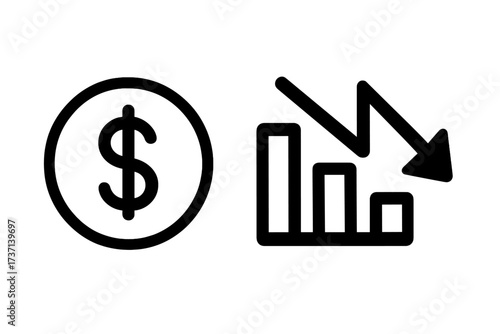 Cost reduction icon. Price drop symbol. Financial crisis, recession, and money loss concept. Down arrow graph shows decrease in profit, sales, and income. Vector isolated.