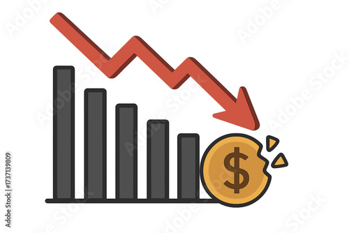 Financial crisis and stock market crash concept. Red down arrow on a bar graph showing money loss and economic recession. Investment risk, bankruptcy and budget collapse.