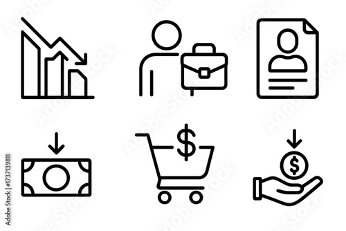 Economic crisis line icon set. Finance, business and social issue concepts. Recession, unemployment, job loss, inflation, decrease chart, fired employee, pay cut vector symbols.