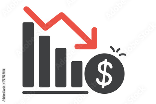 Money loss down arrow stocks graph concept of financial crisis market fall. Recession icon. Business investment decrease. Stock market crash chart. Price drop vector.