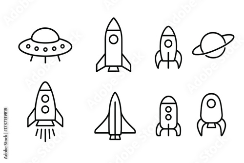 Spaceship Outline Icon Collection with Editable Stroke, Ideal for Infographics, Articles, Books, Banners, Flyers, Vector Cartoon Rocket and UFO Illustrations with Transparent Background