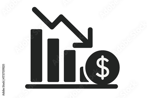 Money loss down arrow stocks graph. Concept of financial crisis and market fall. Economic recession symbol. Bearish stock market vector icon. Bankruptcy business diagram.