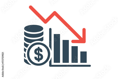 Money loss icon, down arrow on stocks graph. Financial crisis and market fall concept. Economic recession, stock crash, investment risk, bankruptcy, inflation vector logo.