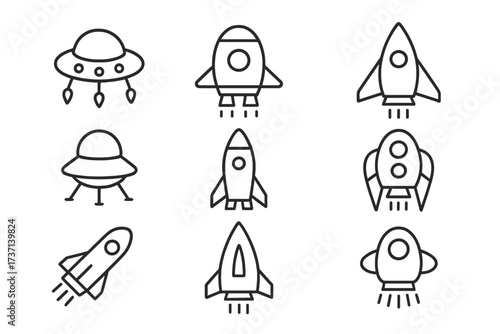 Spaceship Outline Icon Collection, Editable Stroke Vector Cartoon Rockets, UFOs, Spacecraft and Rocket Launch Infographics, Articles, Books, Flyers, and Banners Design