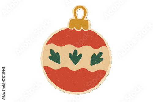 Vintage Christmas tree ball sticker with torn paper effect in naive halftone collage style, festive clay toy ornament illustration, cartoon vector with transparent background