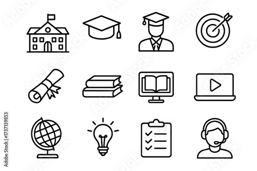 Education and e-learning line icon set. Vector symbols for online courses, school, university. Includes graduation cap, diploma, book, student, idea, and success concepts.