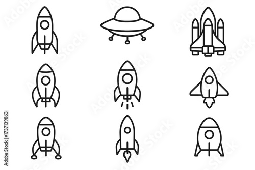 Spaceship Outline Collection with Editable Stroke, Cartoon Rocket and UFO Vector Set for Infographics, Articles, Books, Flyers, Banners, Transparent Background Design