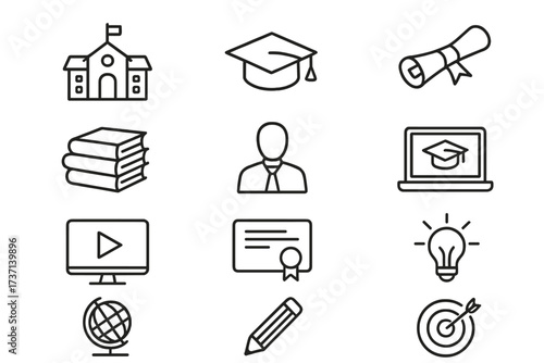 Education and e-learning line icon set. School, university, online course symbols. Graduation cap, diploma, book, student, certificate for web design. Study success concept.