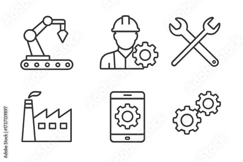 Engineering and manufacturing icon collection in line style. Vector icons for industry, production, automation, tools, factory, engineer, and mobile app development.