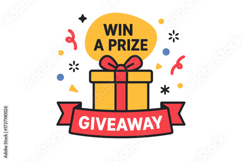 Giveaway banner for social media post template. Win a prize in a contest or promotion. Vector illustration of a gift box present with confetti for a lucky winner concept.