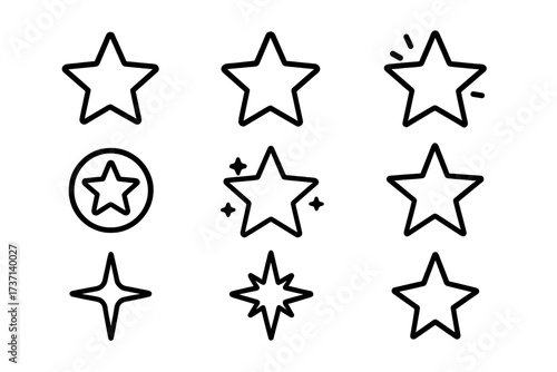 Star line icon collection set with editable stroke. Vector cartoon-style star shapes for infographics, articles, books, flyers, and banners with transparent background, sparkle elements included.