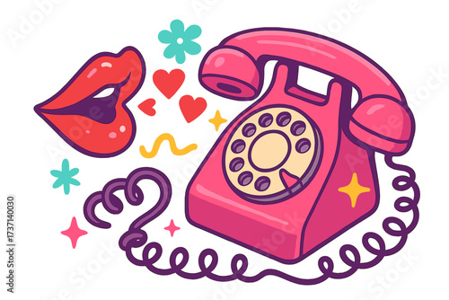 Romantic Y2K pop art vector. Retro pink rotary telephone, sexy red lips blowing kisses, hearts. Love confession by phone concept. Groovy 90s sticker for Valentine's Day.