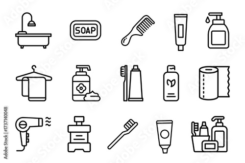 Toiletries icon set on white background. Symbol of bath tube, towel, soap, shampoo, toothbrush, toothpaste, tissue, mouthwash, comb, and lotion. Set vector line icons of toiletries
