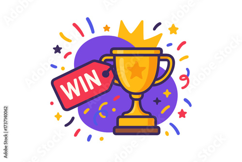Win a prize giveaway social media post template. Winner trophy cup award vector illustration for contest or competition celebration. Champion success achievement marketing banner.