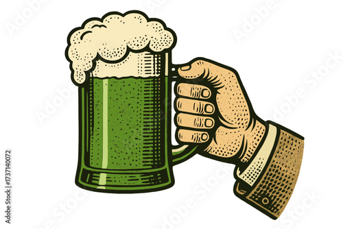 Retro vintage style hand holding frothy green beer mug for St. Patrick's Day celebration, vector illustration of cartoon beer glass with foam, festive drinking party design