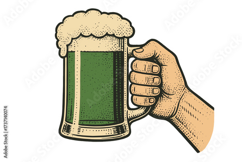 Retro vintage halftone hand holding green beer mug with foam, St. Patrick's Day celebration, Irish party illustration, festive beer glass, cartoon style vector