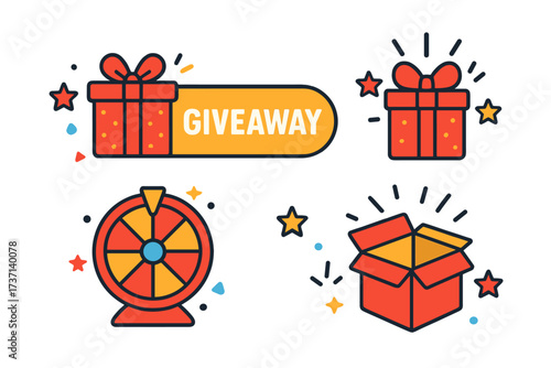 Giveaway vector icon set for social media contest. Promotion template for marketing post. Win a prize banner, gift box, fortune wheel for raffle, lottery and winner announcement.