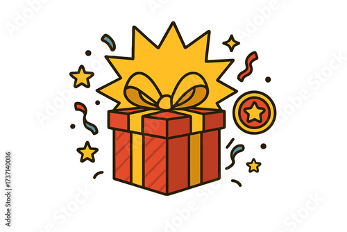 Giveaway contest prize vector illustration. Win a gift box for social media post or banner. Promotion marketing design element with present, stars and confetti. Winner reward.