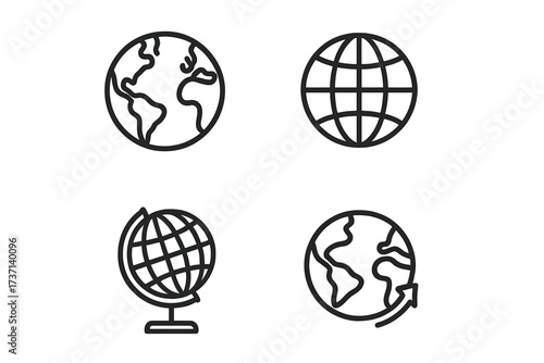 Globe line icon set for web and mobile. Planet Earth, world map, and global grid symbols. Vector collection for international business, travel, logistics, and communication.