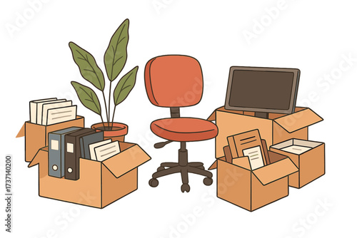 We've moved hand-drawn lettering quote with packed office supplies in open cardboard boxes including folders, documents, computer monitor, red swivel chair, and green potted plant flat set