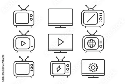 Minimalist TV Set Line Icon Collection, Editable Stroke Vector Pictograms for Cards, Apps, Banners, Digital Interface Design with Transparent Background