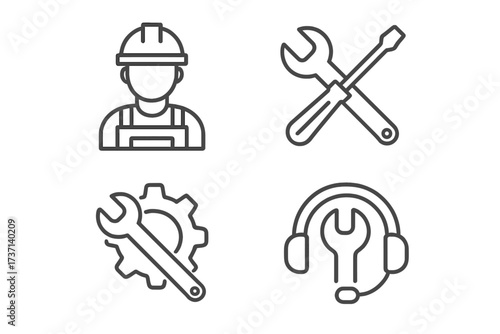 Technical support and repair service line icon set. Vector collection for maintenance, engineer, and mechanic work. Includes tool, settings, and customer support symbols.
