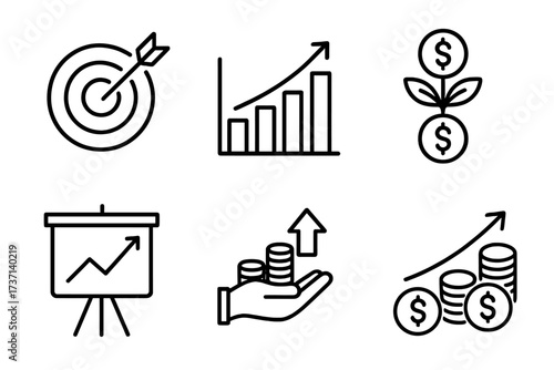 Business growth and financial success line icon set. Vector collection of target, investment, profit graph, and performance chart symbols for web, marketing and strategy.