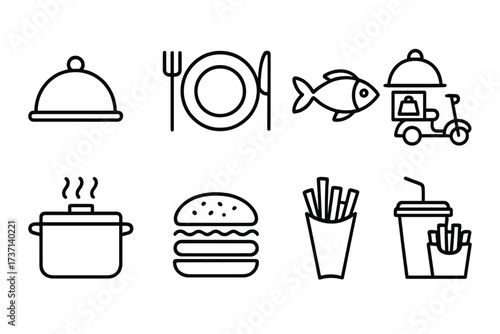 Restaurant and food delivery line icon set. Simple outline symbols for cooking, meal service, and fast food. Vector collection with burger, fries, fish, drink, and plate icons.