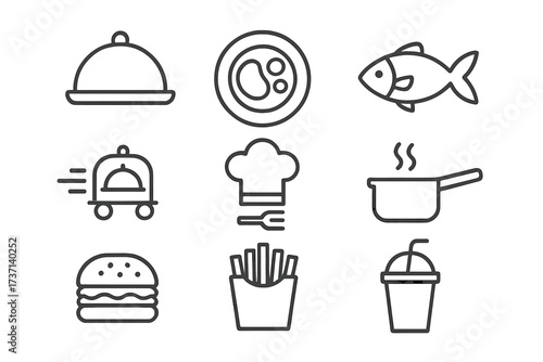 Restaurant and food delivery icon set in thin line style. Vector collection for web and app design. Includes fast food, cooking, meal, fish, burger, and drinks concepts.
