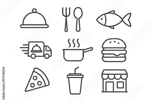 Set of restaurant and fast food linear icons. Food delivery, cooking, meal, fish, burger, pizza, drink, and shop symbols. Vector outline pictogram collection for web and apps.
