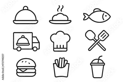 Restaurant web icons set in thin line style. Food delivery service, cooking, fast food pictogram collection. Vector outline symbols for menu, website, app. Chef, fish, meal.