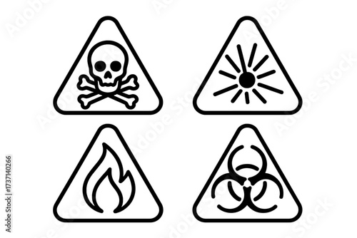 Hazard and danger line icons. Warning signs. Toxic, poison, skull and crossbones. Flammable, fire. Biohazard symbol. Optical radiation. Risk symbol vector illustration collection.