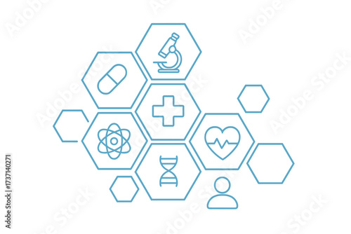 Healthcare concept with medical and science icons in hexagons. Abstract background for medicine, health, strategy, care. Vector illustration for poster, web, dna, cross, research.