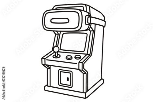 Retro arcade machine with VR headset. Modern virtual reality gaming concept. Future of entertainment. Old video game console with futuristic goggles. Line art vector illustration.