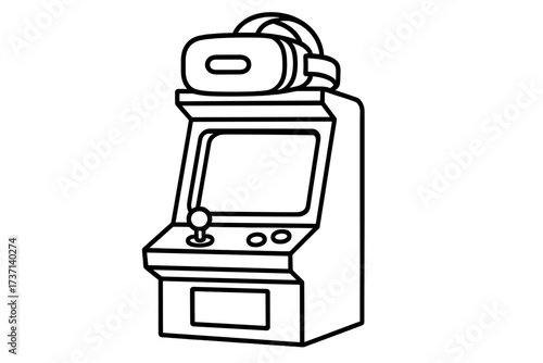 Retro arcade machine with VR headset. Concept for evolution of gaming. Old vs new technology. Vintage classic meets modern virtual reality. Vector line art illustration.