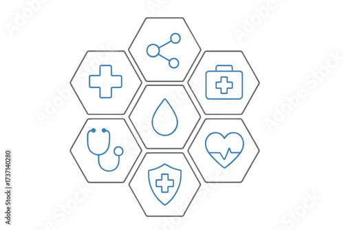 Healthcare and medicine concept. Abstract background with thin line icons in hexagons. Medical technology, health insurance, science, cardiology, and emergency care symbols.