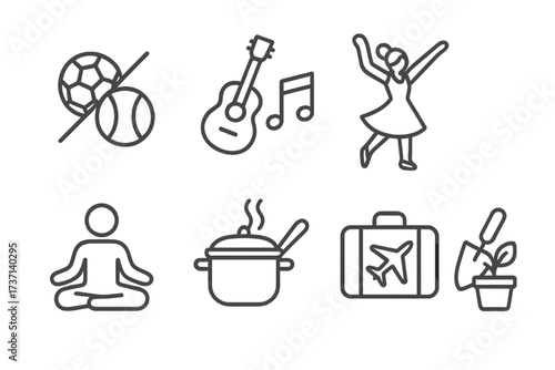 Hobby and leisure activities line icon set. Collection of minimalist outline pictograms for sports, music, dancing, yoga, cooking, travel, and gardening. Simple symbols.