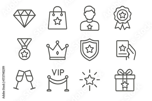 Premium luxury icon set with diamond, crown, medal, badge, shield, VIP access, gift box, celebration, and star symbols. Minimalist black line vector illustrations for branding and marketing