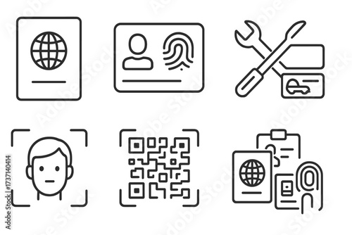 ID and verification line icon set. Personal identity authentication concept. Passport, driver license, biometric fingerprint scan, face recognition, QR code. Digital security.
