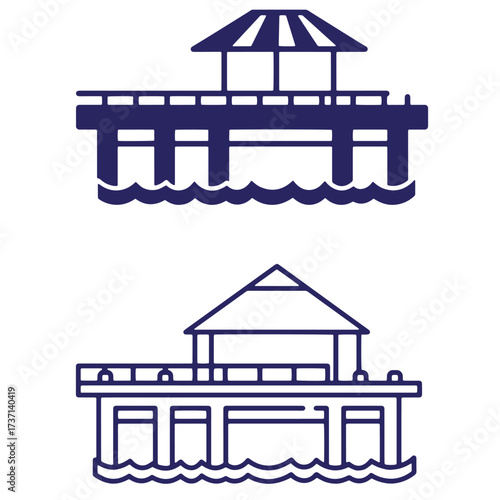 Two modern linear illustrations depicting pier structures on the water with simple designs