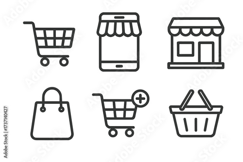 Shopping cart web icons. Online store line icon set. E-commerce symbols for website, mobile app. Vector collection with shop basket, storefront, bag, add to cart button.